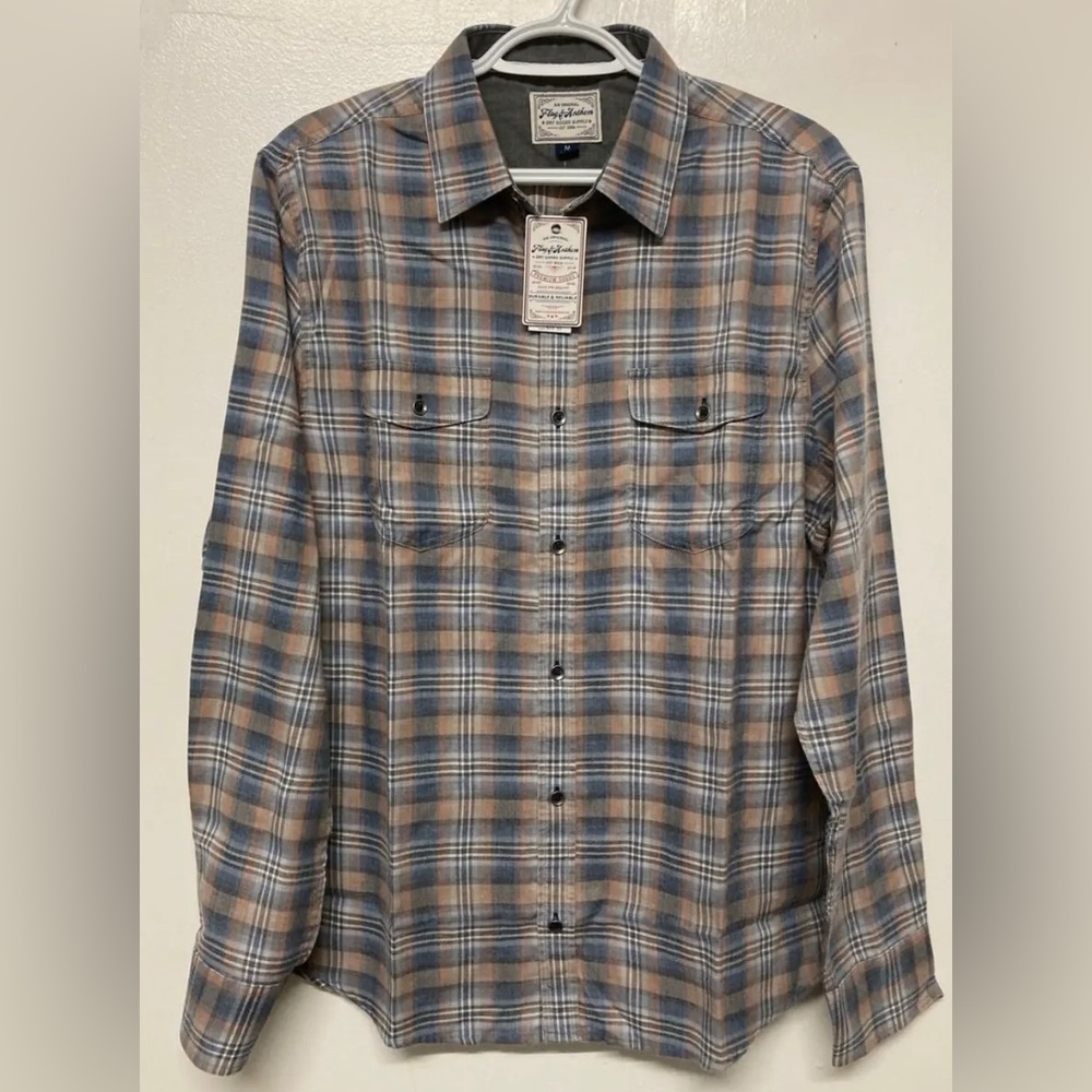 Flag&Anthem Mens Plaid Shirt Button Up Burnout Medium Navy Coral Lightweight NWT